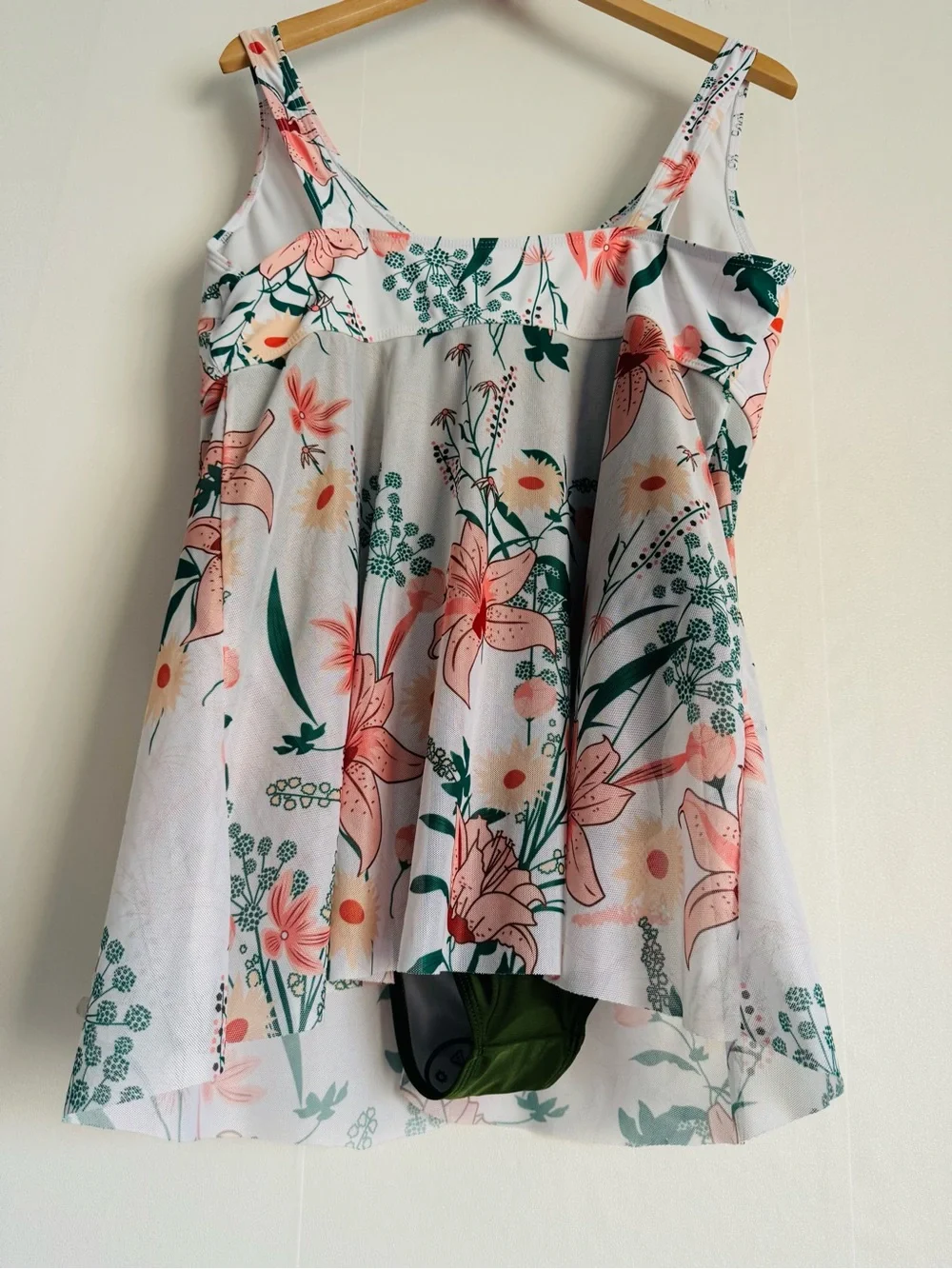 Floral Tankini Swim Top - White with Coral & Green Print